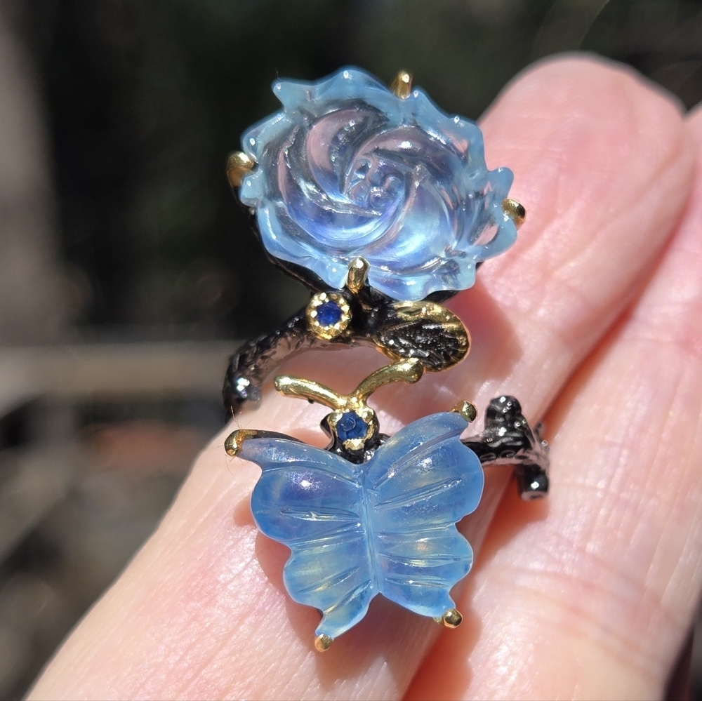 Aquamarine Butterfly & Flower Sterling Rhodium & Gold Ring Sz9 Adjustable - Picture 11 of 14